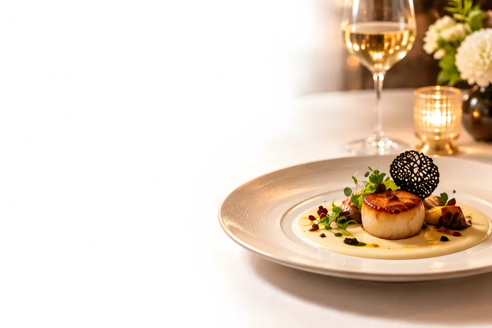 A seared scallop with truffle and cauliflower cream beside a glass of white wine and a candle