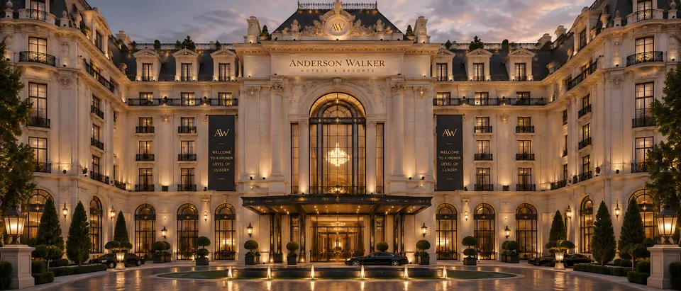 The illuminated façade of the Anderson Walker palace at dusk