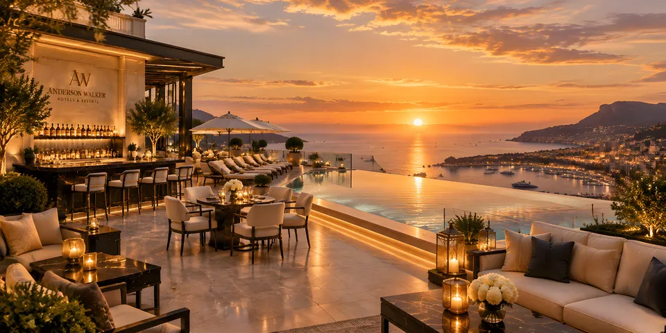 Rooftop at sunset, infinity pool facing the bay