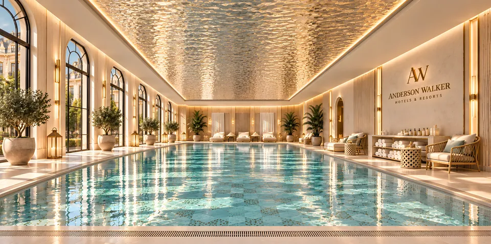 Indoor spa pool beneath a ceiling of golden reflections