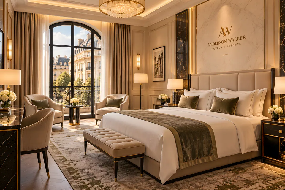 Anderson Walker suite: king bed, marble headboard and a balcony window